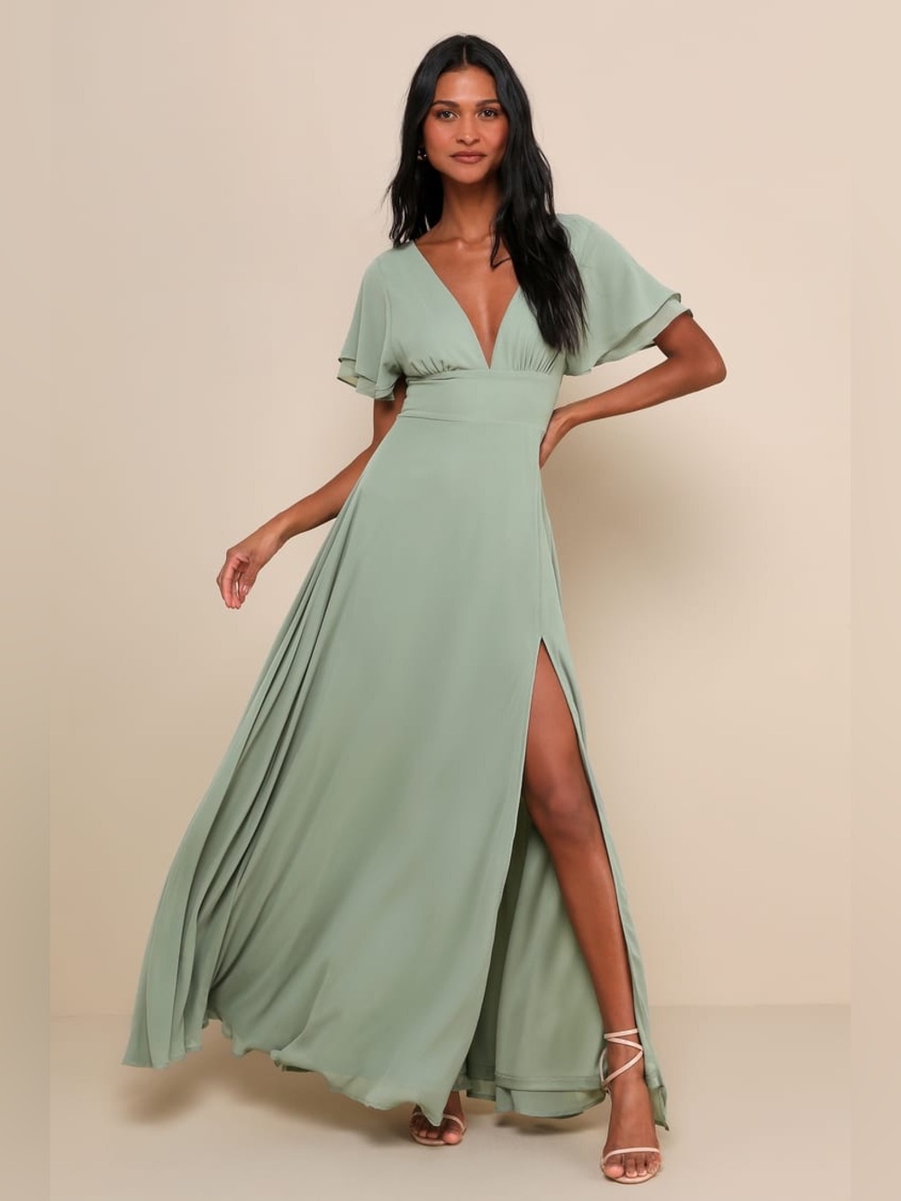 NWT Lulus Promise Of Love Sage Brush Flutter Sleeve Maxi Dress